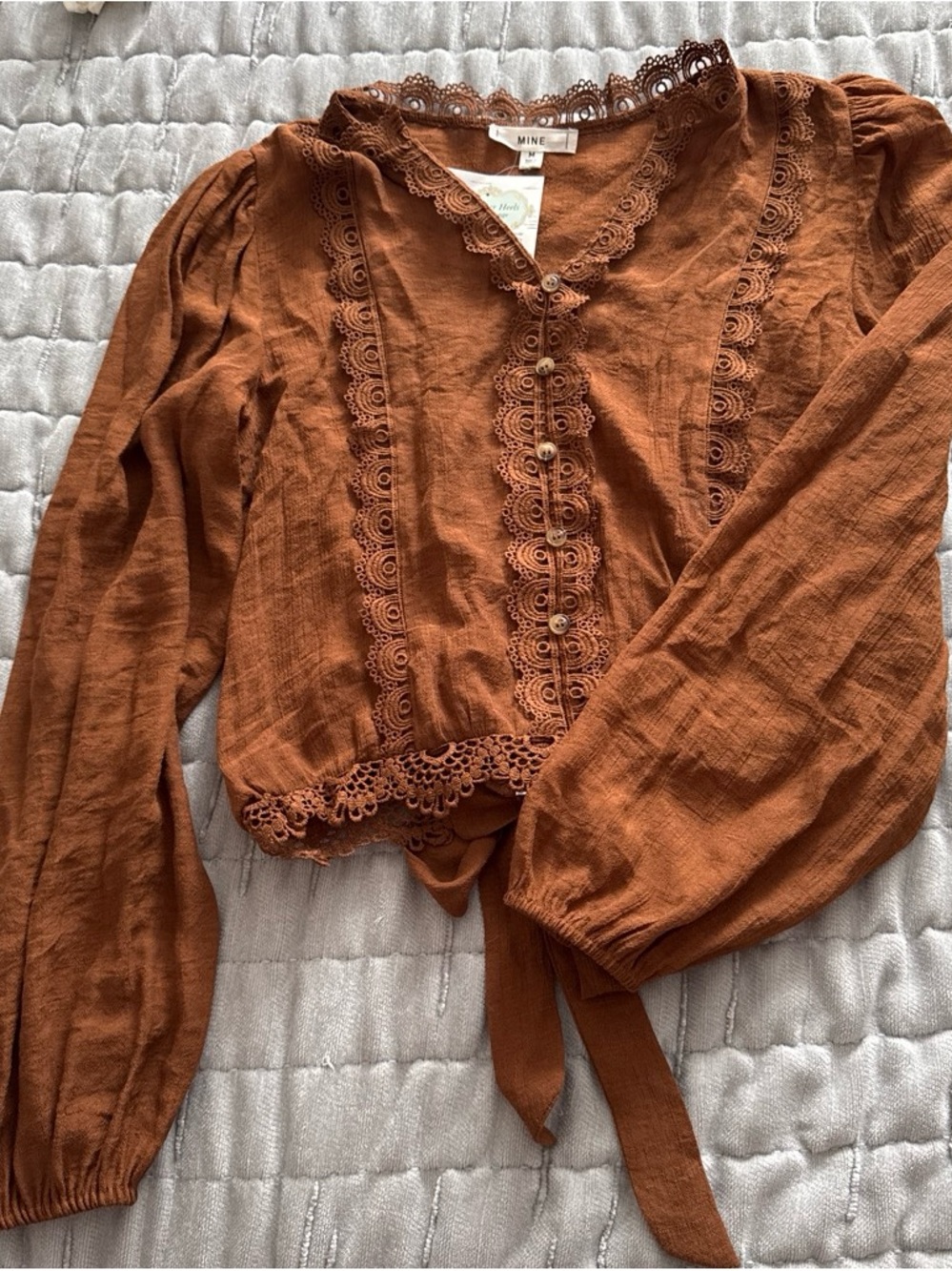 MINE Rust Crochet-Trim Tie-Front Blouse